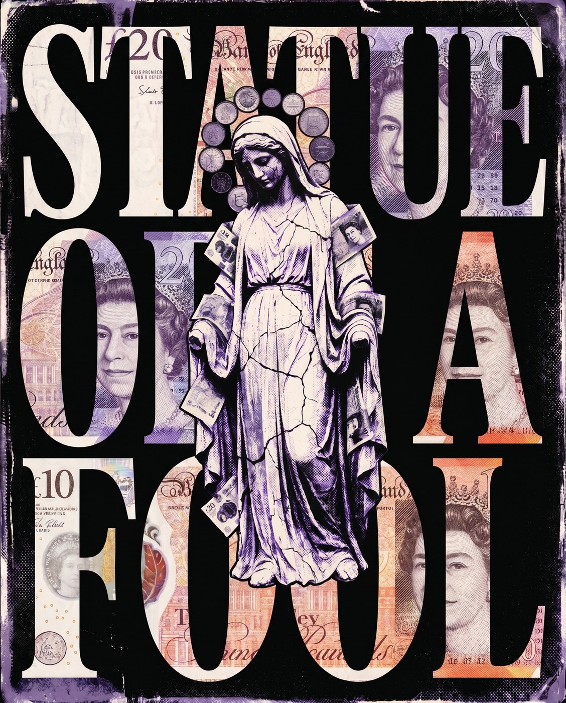 Statue of a Fool artwork: a veiled marble figure standing inside display type filled with banknotes