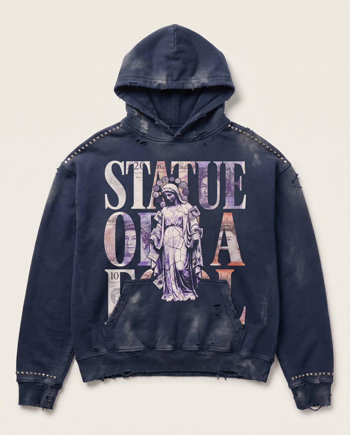 The same hood in washed navy, studded and distressed