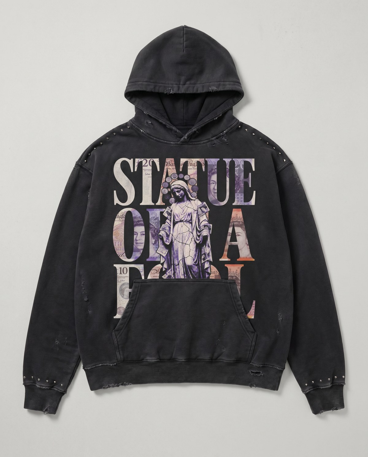 Washed black hooded sweatshirt with studded cuffs carrying the Statue of a Fool print