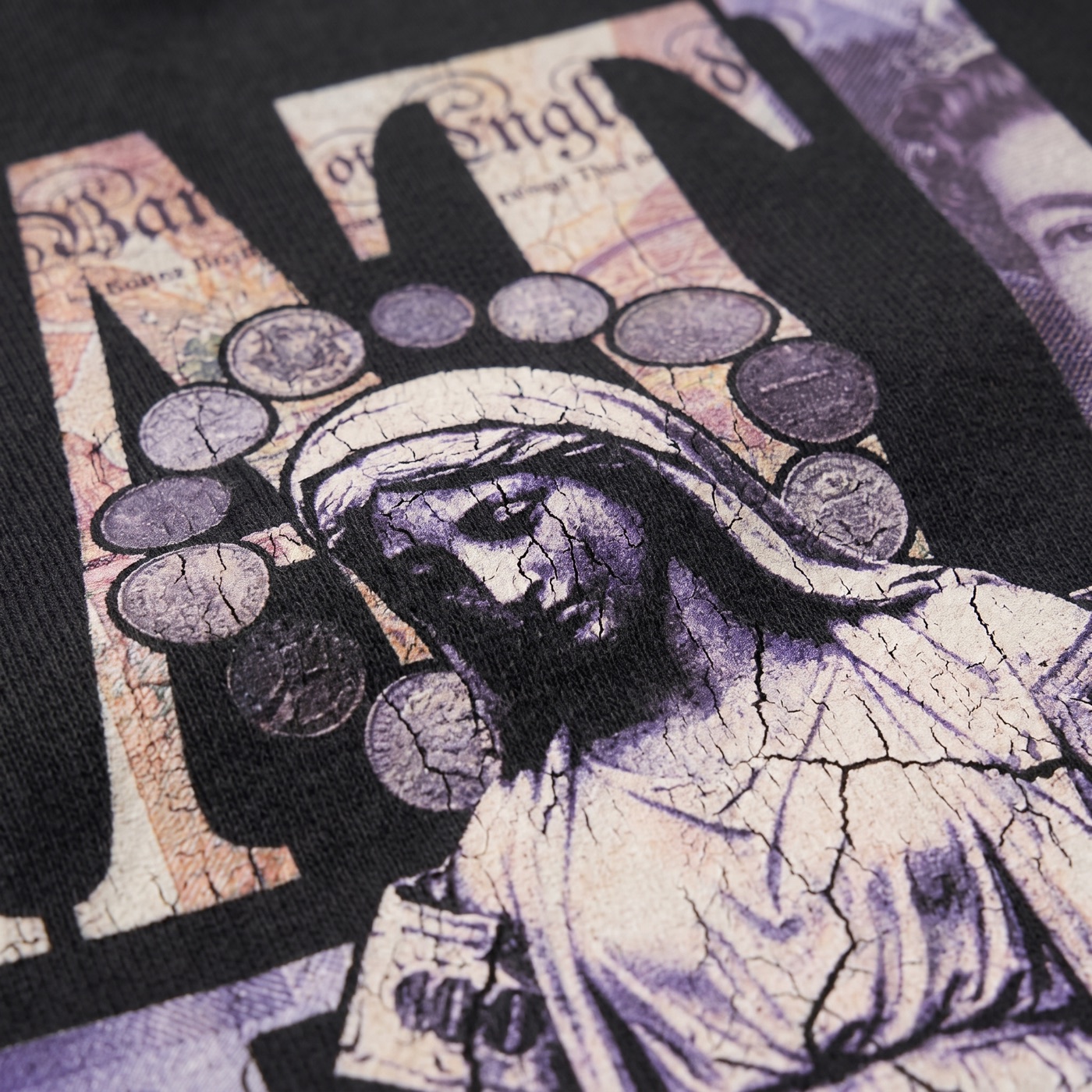 Macro detail of the print showing texture and distressing