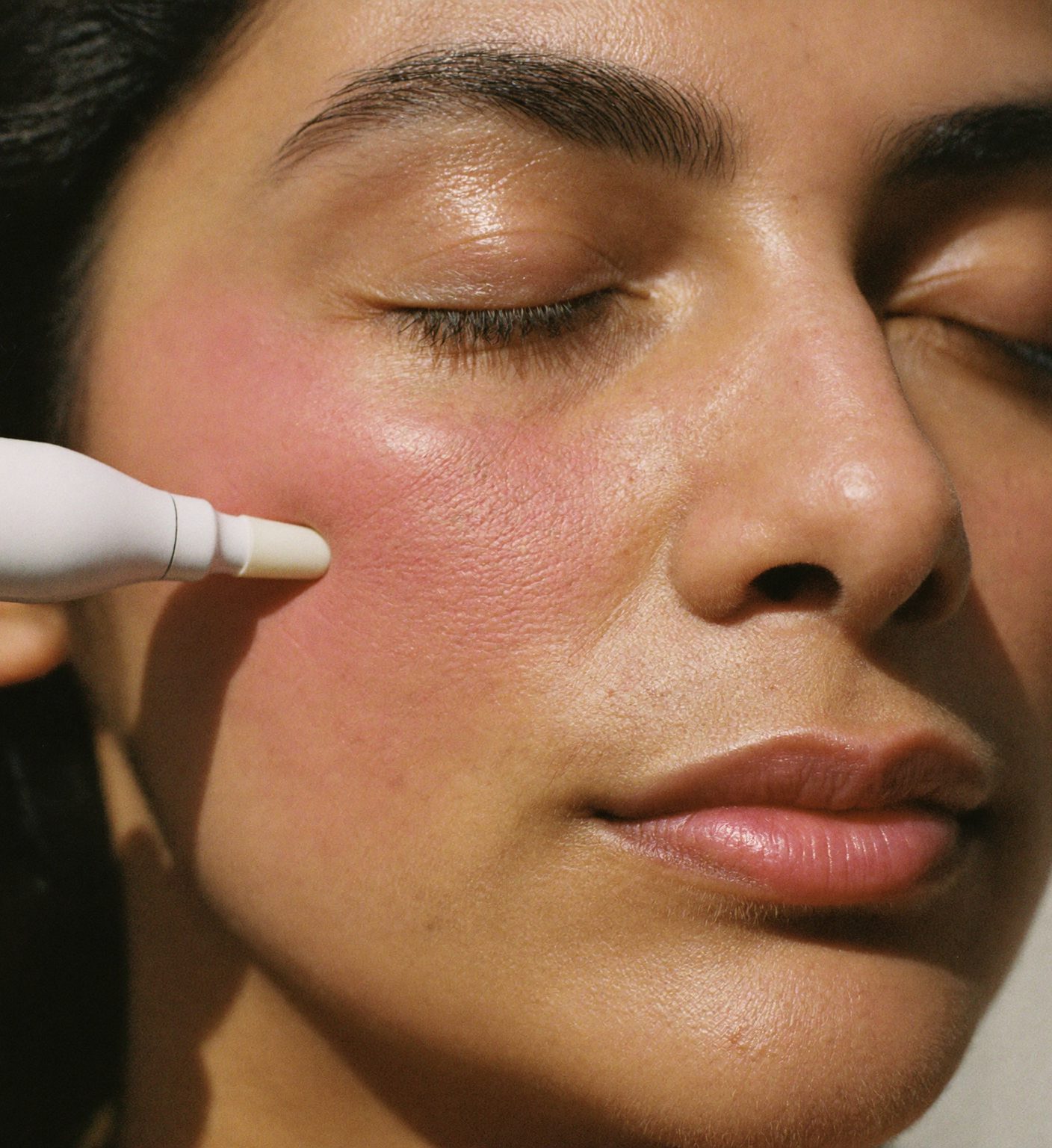 The tip of a microneedling pen resting on a woman's cheek