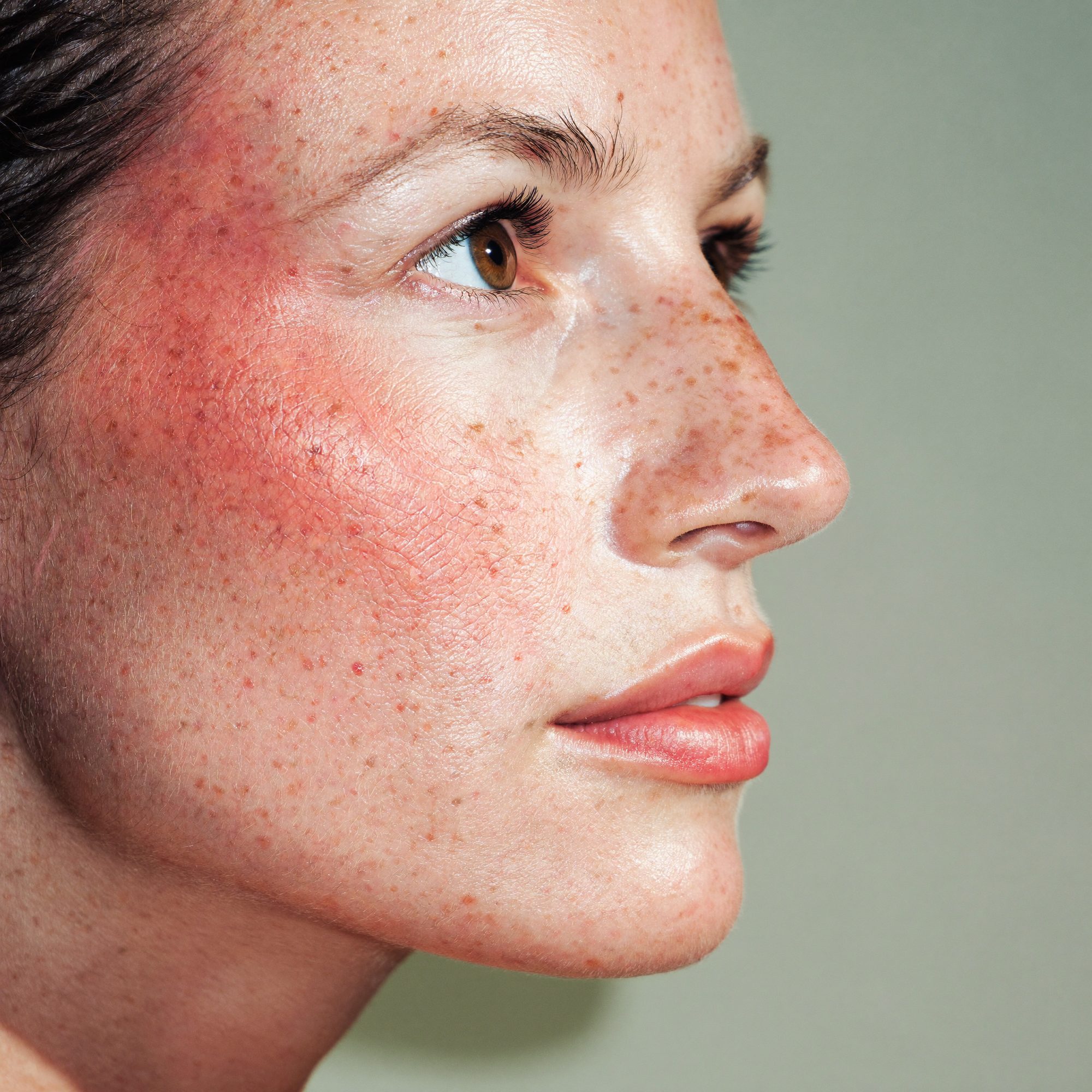 Close-up of freckled fair skin with natural redness across the cheek